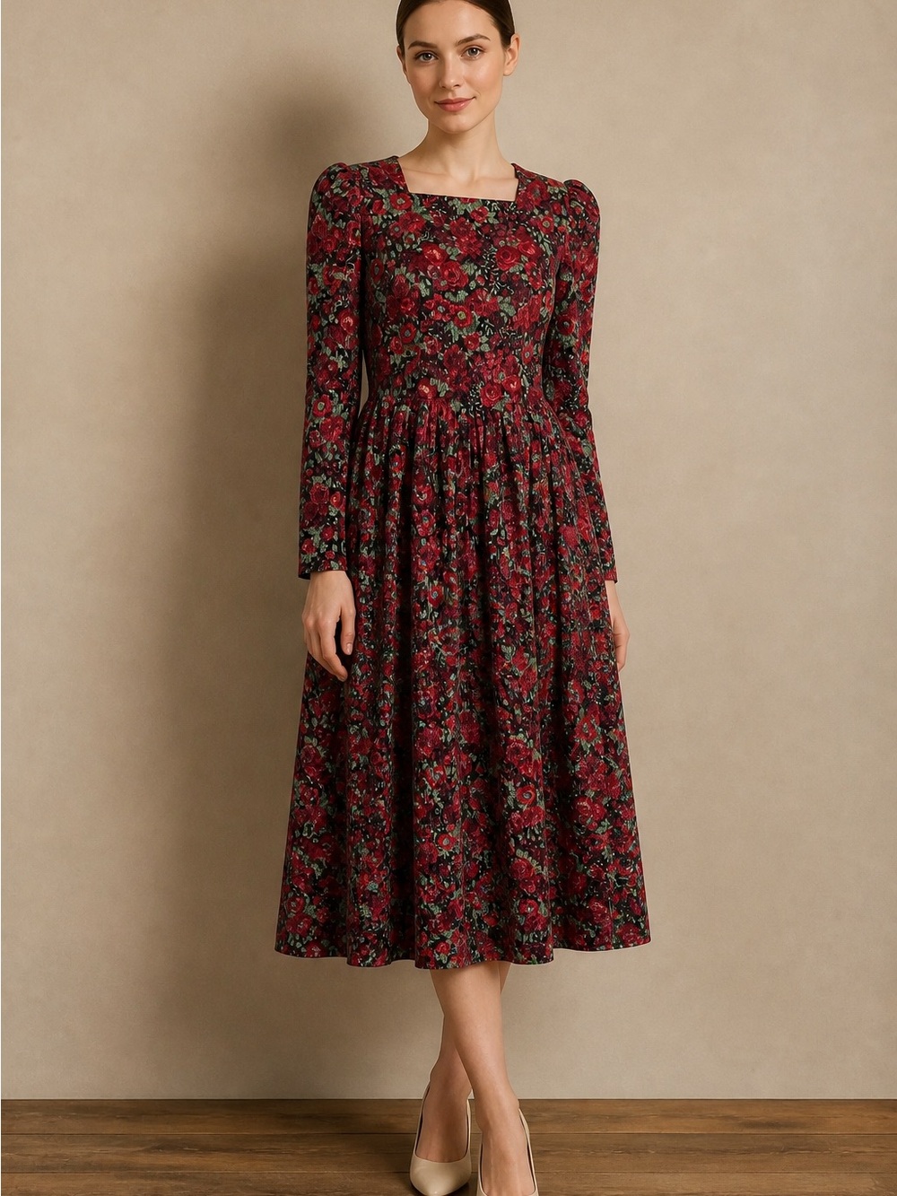 VTG Laura Ashley Corduroy Long-Sleeve Square Neck Peasant Cottage Size 12 Dress